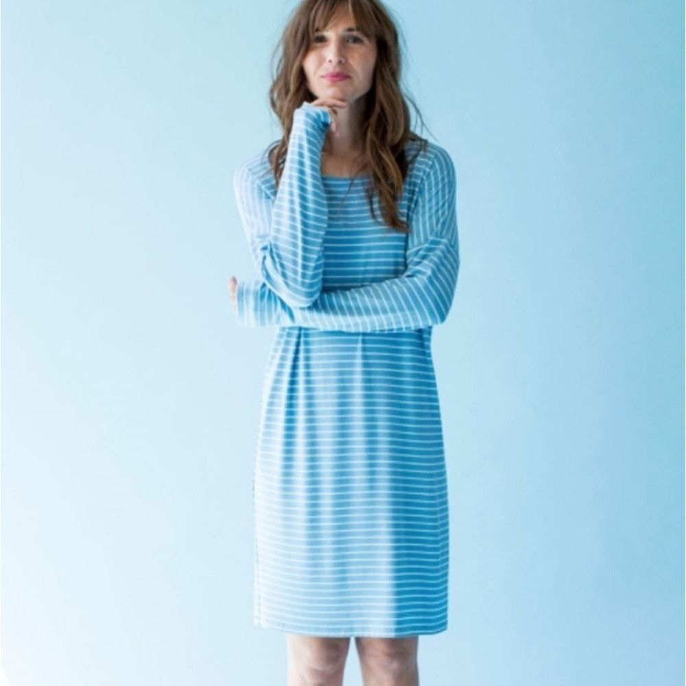 Sonnet James Play Dress Blue Striped Long Sleeve Dress Bamboo Stretch - Size XS